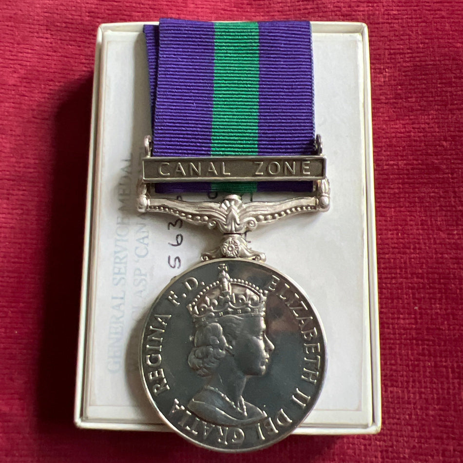 General Service Medal, Canal Zone bar, to S/22605636 Private P. B. Roach, Royal Army Service Corps, with box of issue