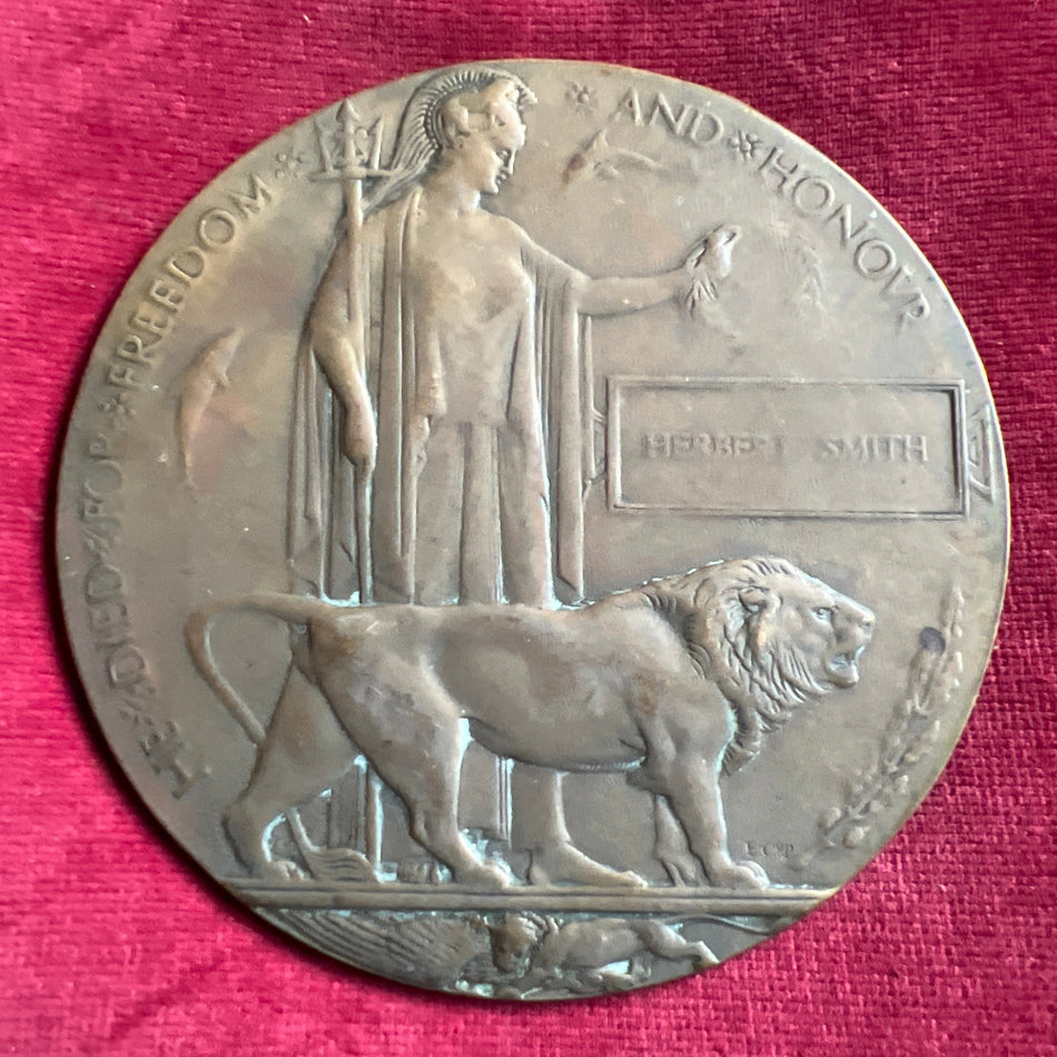 Memorial Plaque, 1914-18, to Herbert Smith, some wear