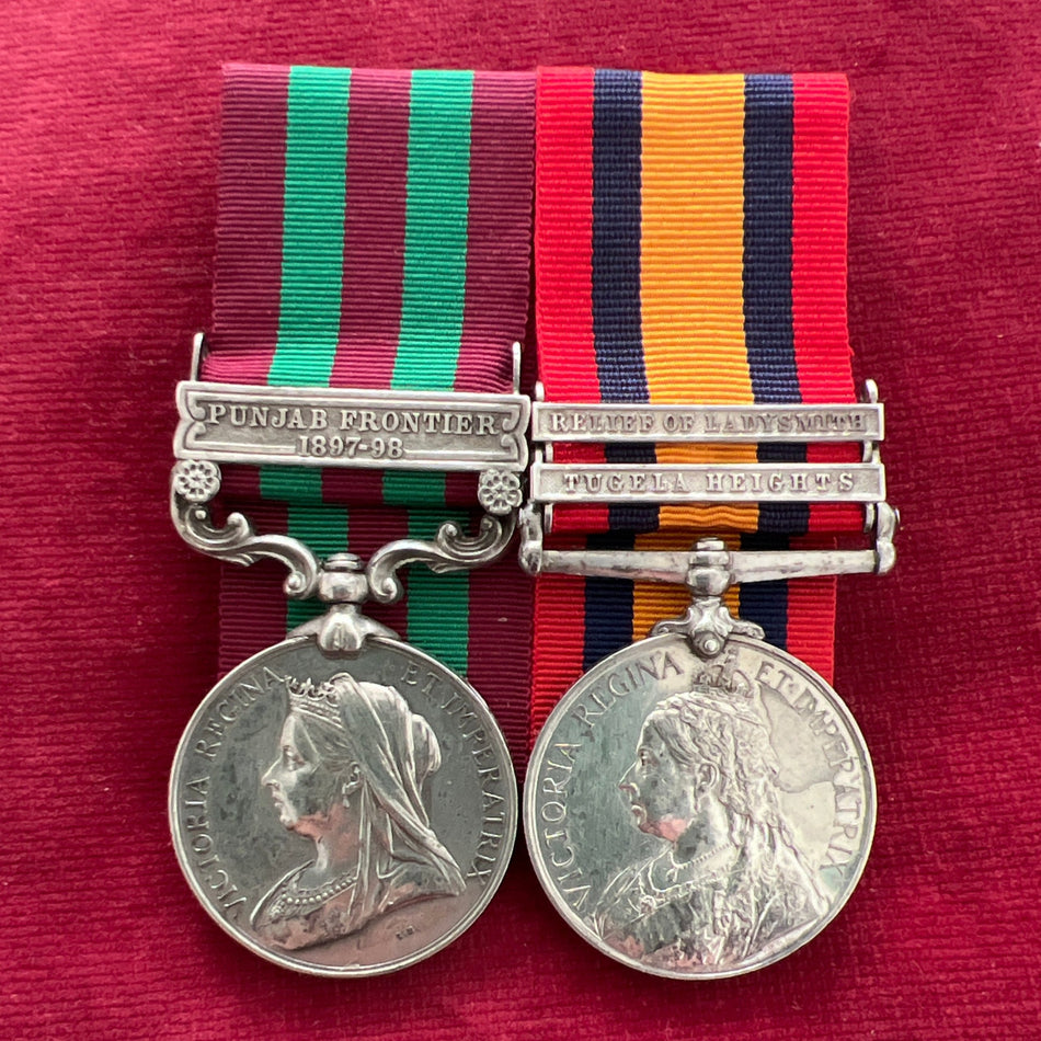 India Medal (Punjab Frontier 1897-98 bar)/ Queens South Africa Medal (2 bars: Relief of Ladysmith & Tugela Heights) pair, to Lance Sergeant T. S. Vicary, 1st Bn., Devon Regt., died of disease 16/4/1900 in South Africa, with photo of the grave