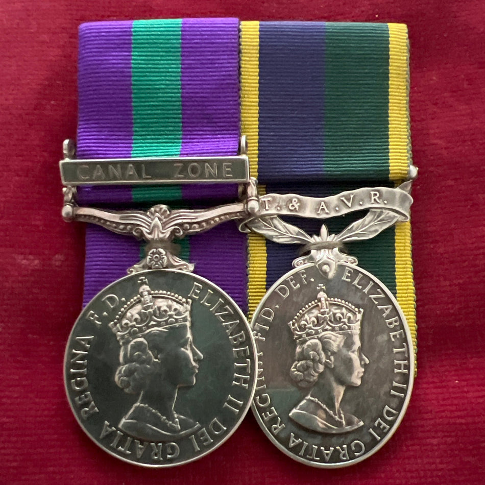 General Service Medal, Canal Zone clasp/ Efficiency Medal, T & A.V.R. scroll bar (Territorial & Army Volunteer Reserve) pair to Sergeant T. M. Clarke, Royal Signals