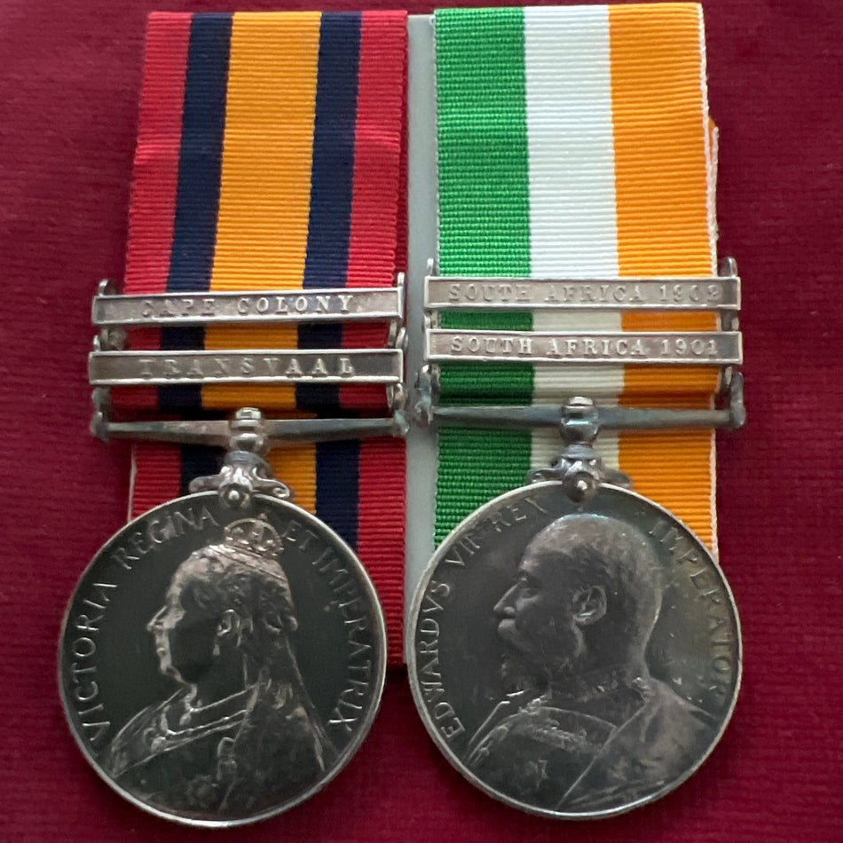 Queen's South Africa Medal, 2 bars/King's South Africa Medal, 2 bars, to Private J. Neville, Rifle Brigade