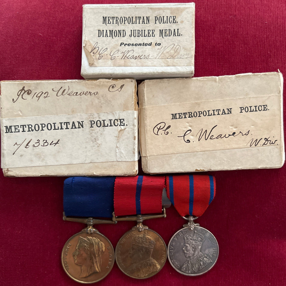 Police group of 3 to 76334 P.C. C. Weavers, W. Division, with original boxes of issue for medals: Queen Victoria Met Police Diamond Jubilee Medal (1897)/ King Edward VII Met Police Coronation Medal (1902) & King George V Met Police Coronation Medal (1911)