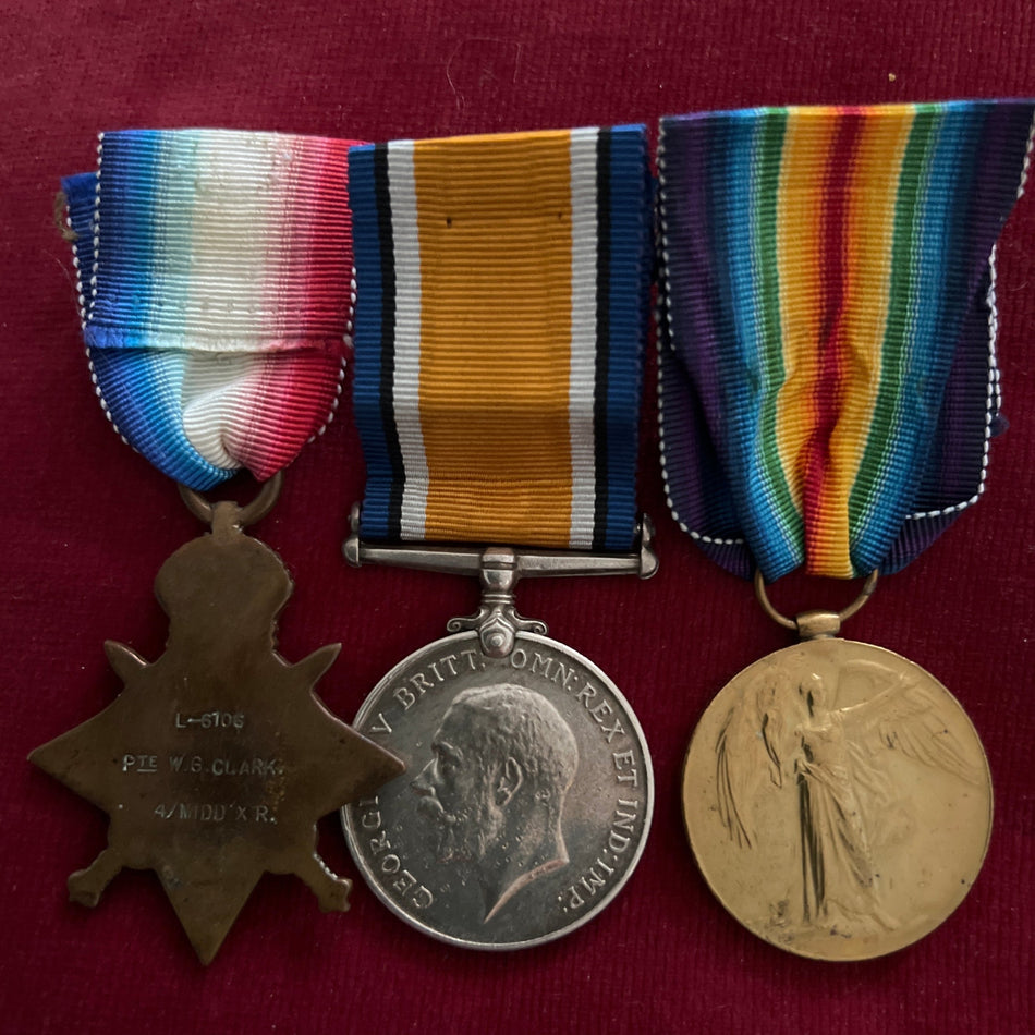 1914 Star trio to L.6106 Private W. G. Clark, 4/Middlesex Regiment