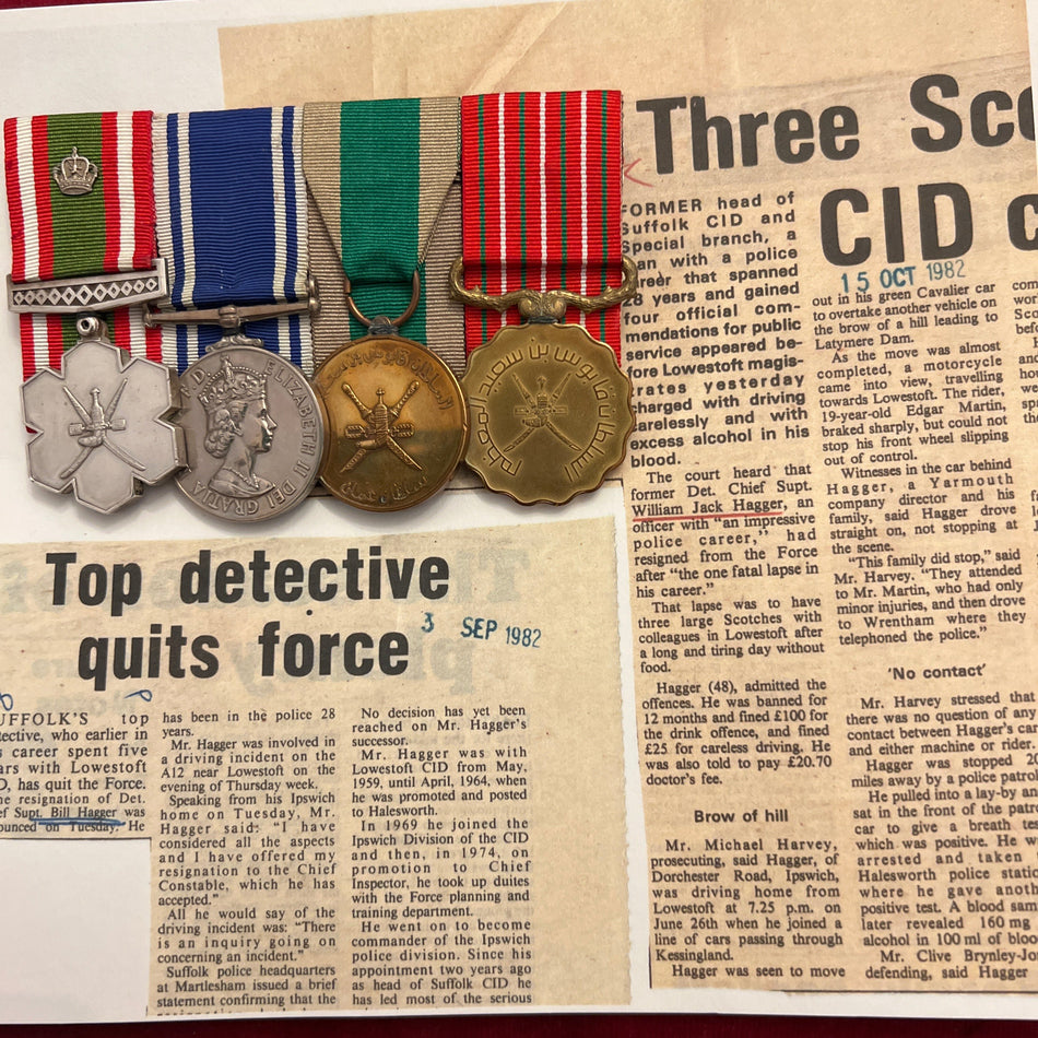 An interesting group to Detective Chief Superintendent Jack Hagger, Head of Suffolk C.I.D., served 28 years but was forced to resign due to drink driving in 1982, later joined the Royal Oman Police and served as head of C.I.D. in Dhofar, see description