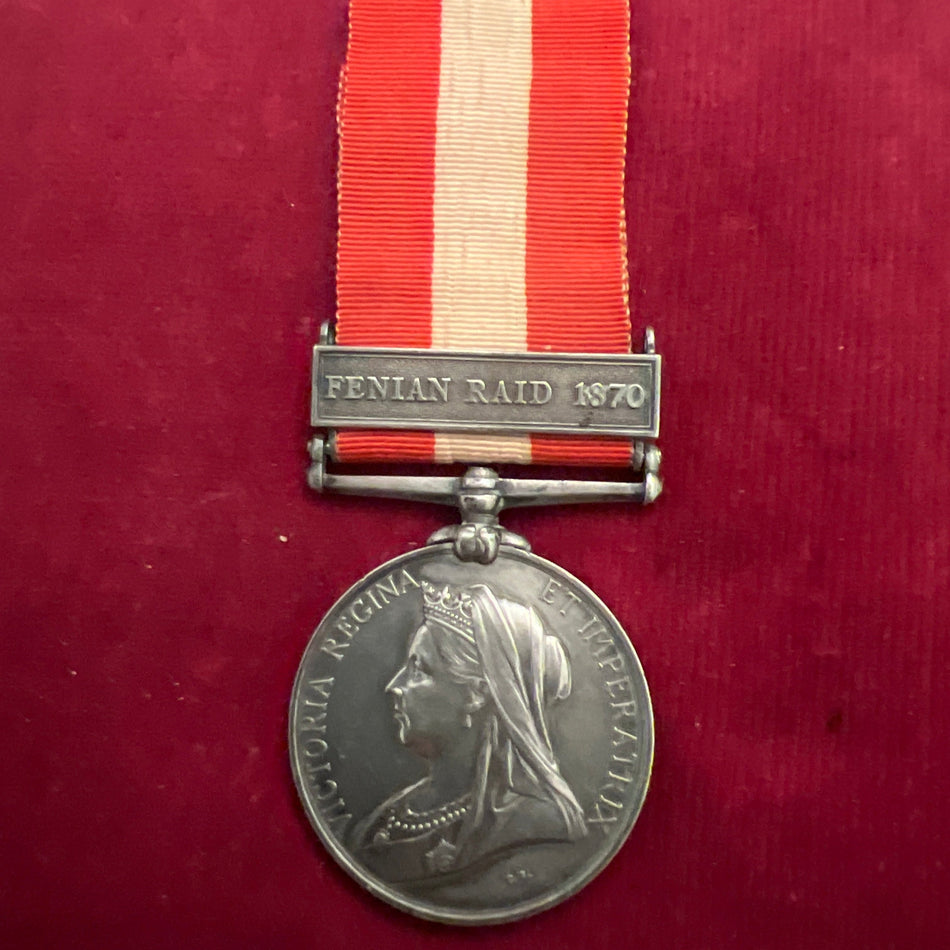 Canada General Service Medal, Fenian Raid 1870 bar, to Trumpeter P. McKean, QuE. G.A., medal in excellent condition