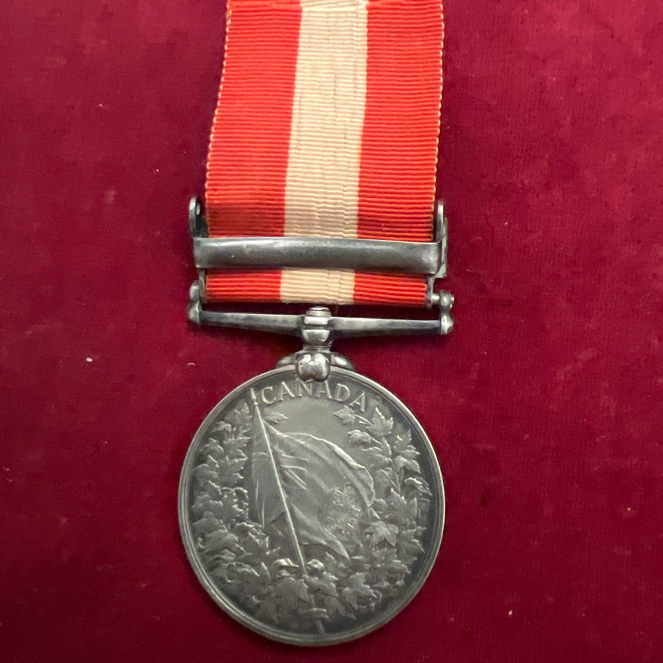 Canada General Service Medal, Fenian Raid 1870 bar, to Trumpeter P. McKean, QuE. G.A., medal in excellent condition