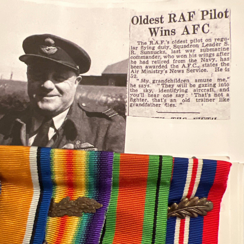 An exceptional Second World War A.F.C. group of six awarded to Squadron Leader S. R. "Tummy' Sunnucks, Royal Navy & Royal Air Force Volunteer Reserve, the oldest pilot in WWII to be awarded the Airforce Cross, twice MiD, see description