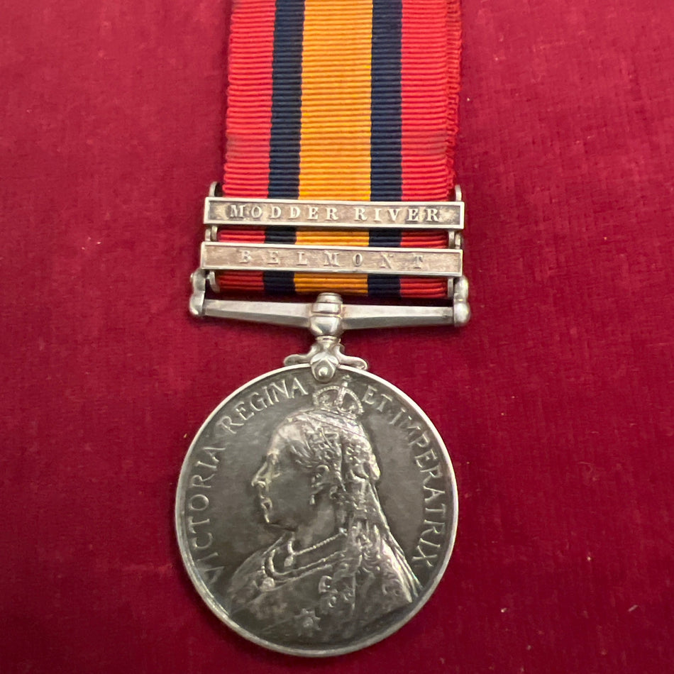 Queen's South Africa Medal, 2 bars: Modder River & Belmont, to 229 Private, J. Coulter, 1st Battalion, Scots Guards, wounded 28th November 1899 at Modder River