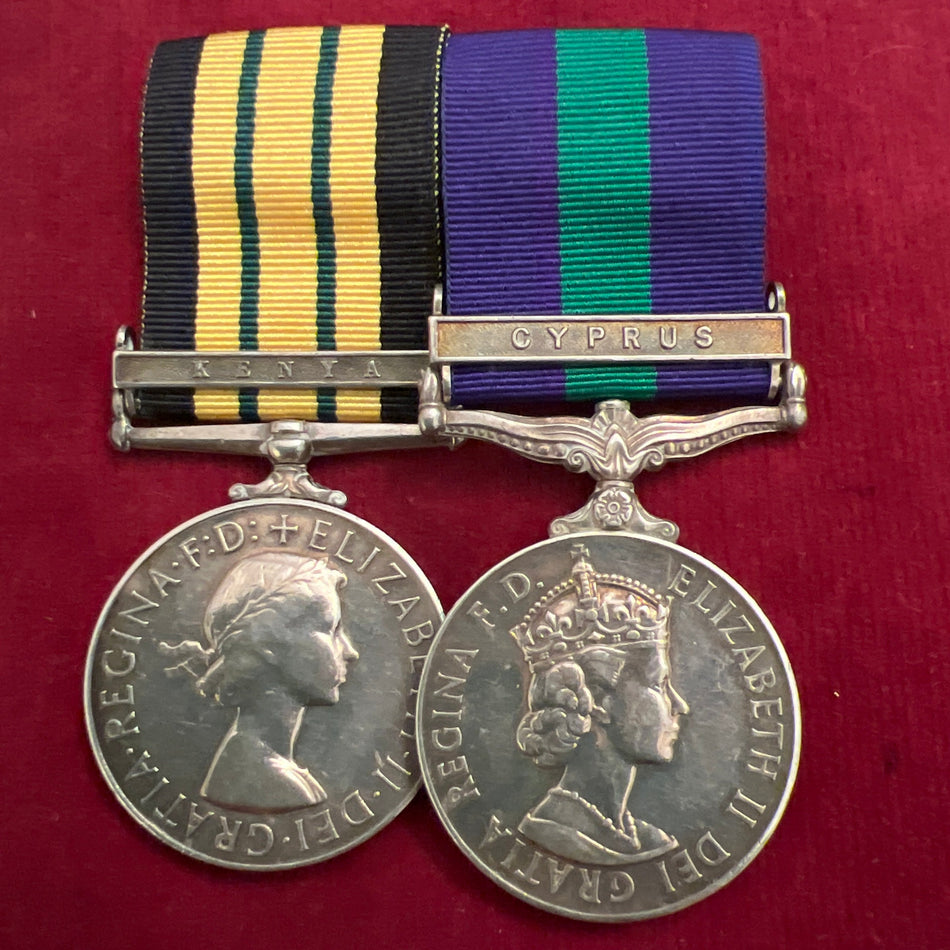 Africa General Service Medal, Kenya bar/ General Service Medal, Cyprus bar pair to 23180858 Private M. E. Gough, Gloucester Regiment