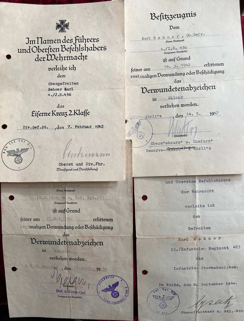 Nazi Germany, 4 award documents to Gefreiten Karl Behner of the 12 Infantry Regiment 463: Infantry Assault Badge 9th September 1940, Wound Badge 25th July 1940, Silver Wound Badge 14th May 1942 & Iron Cross 2nd class 7th February 1942