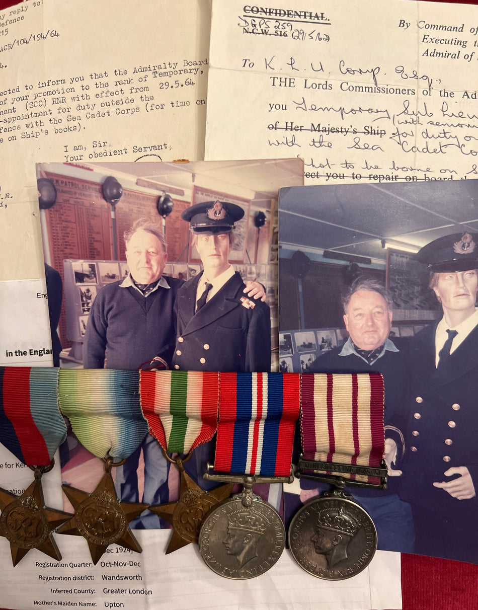 WWII group of 5 to Lieutenant K. L. U. Corp, Royal Navy Signals, with two photos post-war, some history, Naval GSM bar: Minesweeping 1945-51