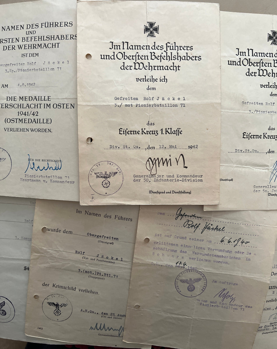 Nazi Germany, documents to Pioneer Rolf Jakel, 3rd Pioneer Regiment 71: Iron Cross 2nd class 1940 (France) wounded 1940, Krim Shield 1942, Russian Front Medal 1942, Iron Cross 1st class 1942, Silver Wound Badge 1942, General Assault Badge 1943, scarce