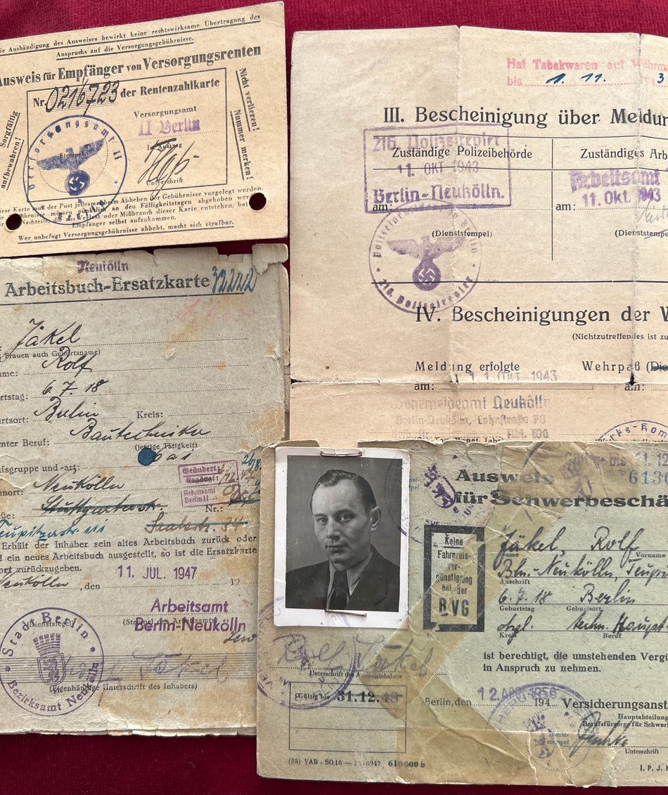 Nazi Germany, documents to Pioneer Rolf Jakel, 3rd Pioneer Regiment 71: Iron Cross 2nd class 1940 (France) wounded 1940, Krim Shield 1942, Russian Front Medal 1942, Iron Cross 1st class 1942, Silver Wound Badge 1942, General Assault Badge 1943, scarce