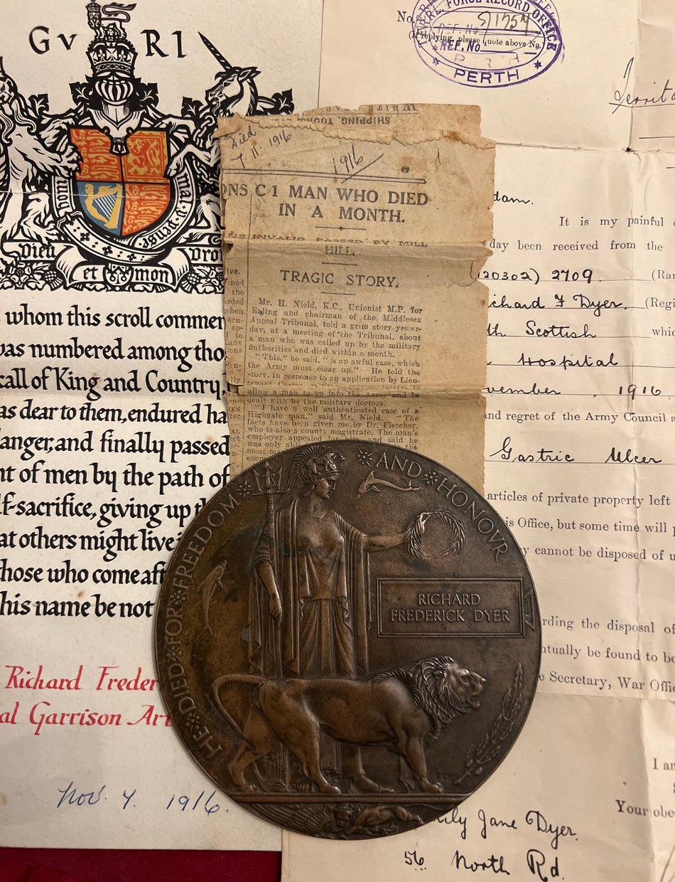 Memorial Plaque, scroll, news cuttings & paperwork to Gunner Richard Frederick Dyer, Scottish RFA, called up despite illness, died in service after 3 weeks, this shows how desperate the service was for men after Somme Campaign, see news cutting, died 1916