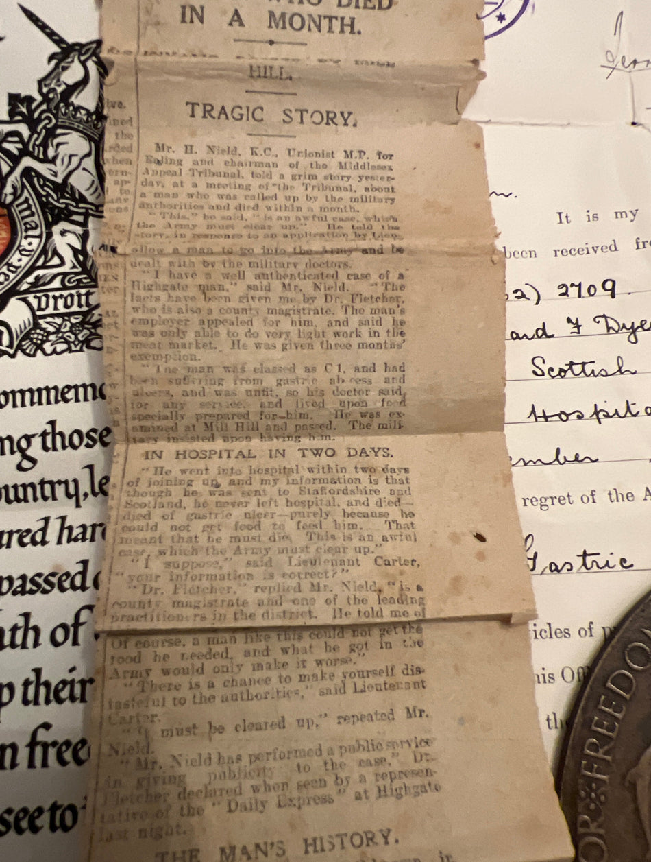 Memorial Plaque, scroll, news cuttings & paperwork to Gunner Richard Frederick Dyer, Scottish RFA, called up despite illness, died in service after 3 weeks, this shows how desperate the service was for men after Somme Campaign, see news cutting, died 1916