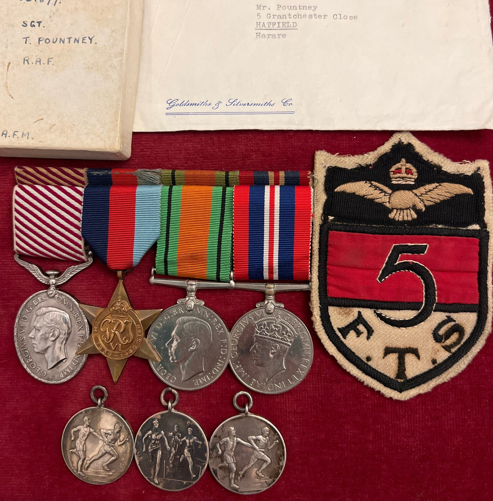 Group of 4 with sports medals to Flight Lieutenant Thomas Pounteny, RAF, born 1911, Air Force Medal, London Gazette 1938, early award of the AFM pre-war, trained pilots throughout the war, enlisted 1927, retired 1950, with copies of his service papers