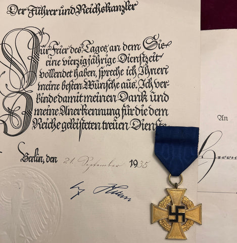 Nazi Germany, 40 Years Faithful Service Cross, with scarce award document dated 12th September 1935