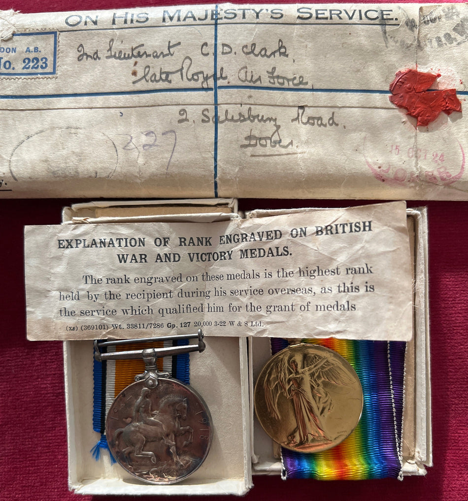 WW1 pair in original boxes & packing to 92601 Charles David Clark, RAF, joined as a 3rd class Air Mechanic 12/12/1917, then went on to be a pilot on S.E.5a October 1918-19 for two months, see history