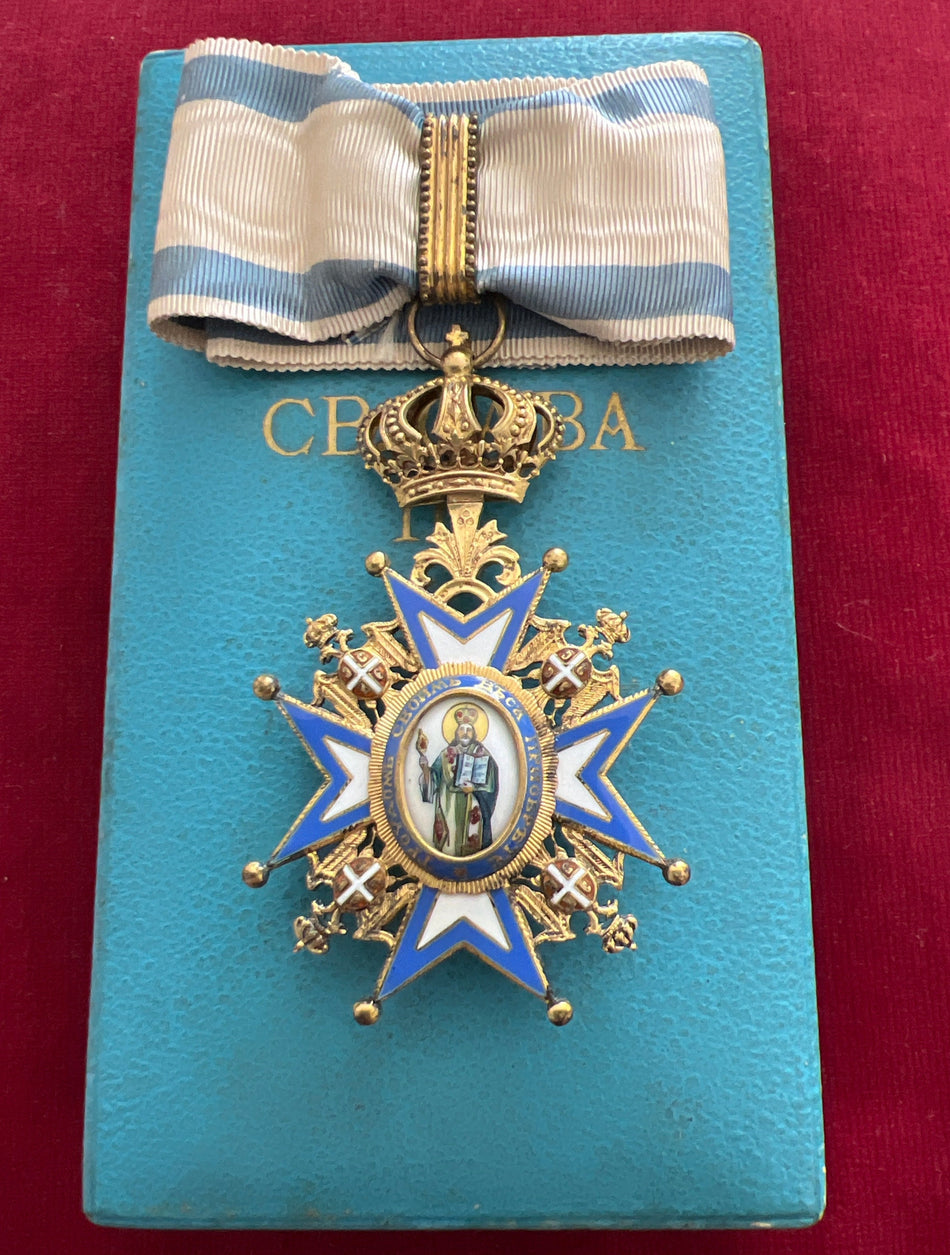 Serbia, Order of St Sava, 3rd class, silver gilt, in original case made by Huguenot Freres of Switzerland, a nice example