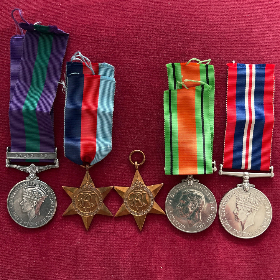 Group of 5 including pre-war Palestine General Service Medal to 6010697 Private R. Bryne, Essex Regiment, all medals are named to him, privately named