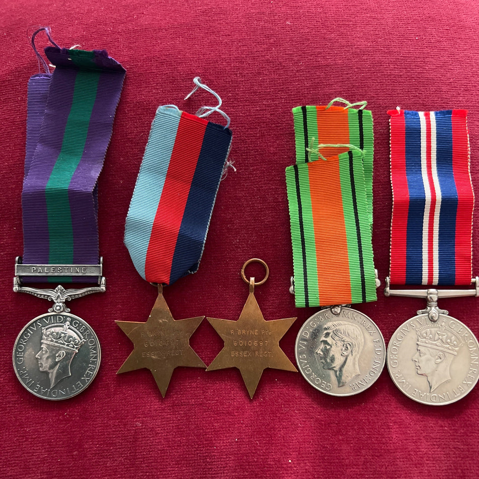 Group of 5 including pre-war Palestine General Service Medal to 6010697 Private R. Bryne, Essex Regiment, all medals are named to him, privately named