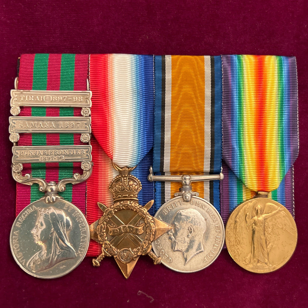 Group of 4 to 98277 Gunner W. E. Long, 11 Field Battery, Royal Artillery, India Medal, 3 clasps: Tirah 1897–98, Samana 1897 & Punjab Frontier 1897–98