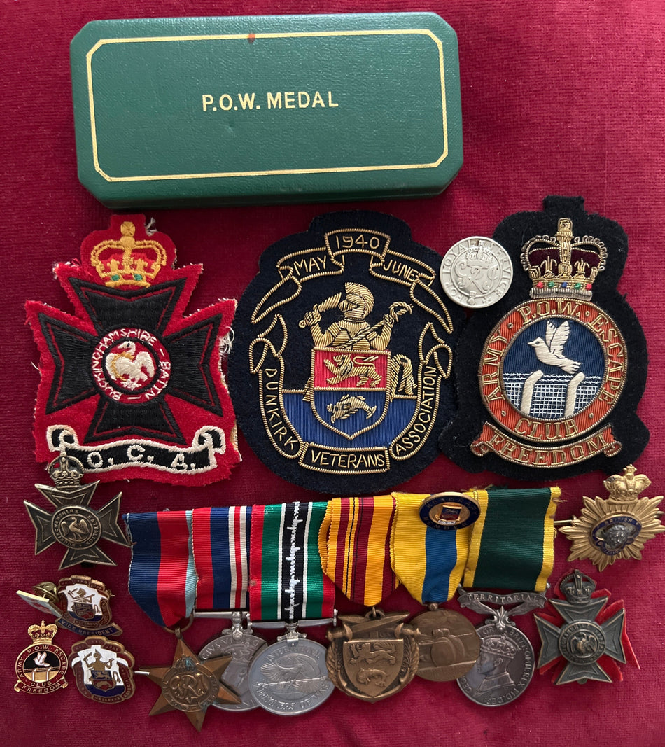 Group of 6 to 53844 Pte. B. C. Winfield, Oxfordshire & Bucks Light Infantry, Prisoner of War with the 4th Battalion at Dunkirk, captured 30th May 1940, sent to Stalag VIII-B, Lamsdorf 25th June 1940, with some history & various badges