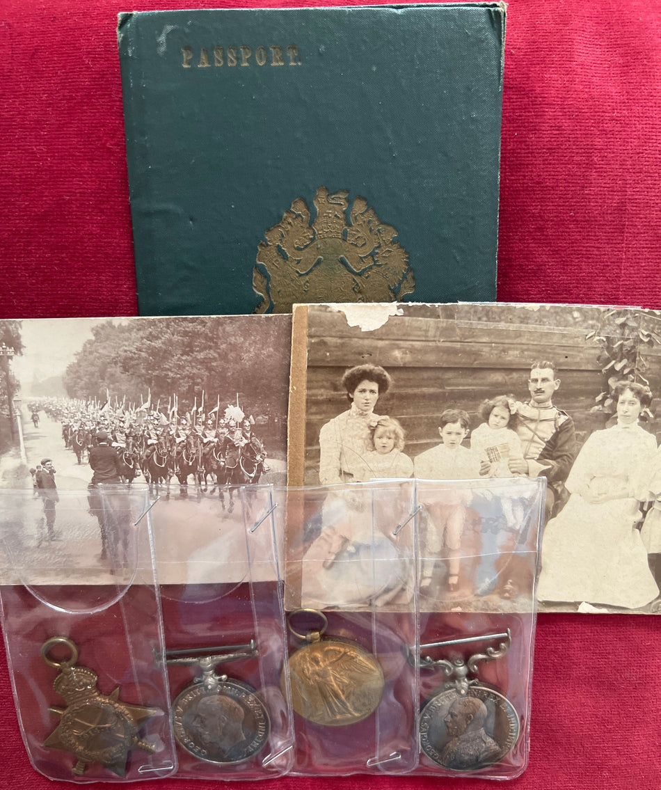 Group of 4 to 4124/13537 Pte. William Stewart, 21 Lancers, Egypt 5th September 1915, with original photos, passport & service book, shows he joined up on 27th October 1897 & left the army October 1920, includes some history