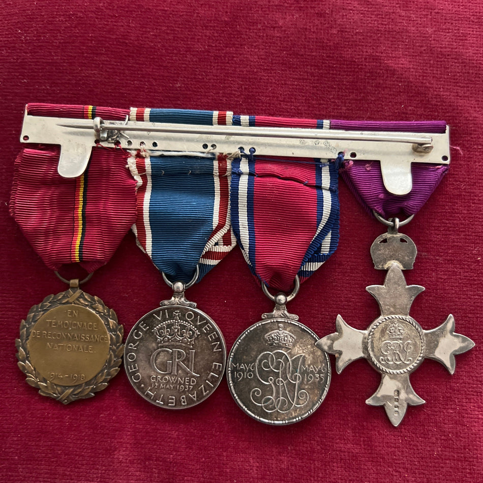 MBE group of 4, unnamed, MBE 1st type, King George V Silver Jubilee Medal 1935, King George VI Coronation Medal 1937 & King Albert Medal 1914-18 (Belgium)