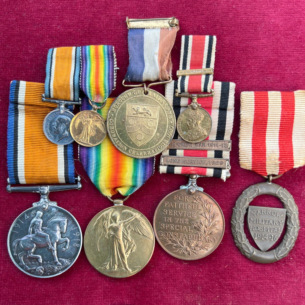 Group of 4 to 254001 Gunner Hugh Smith, Royal Artillery, served at the Yarrow Hospital, Kent, medal named to H. Smith, in recognition of his sympathetic help to wounded soldiers, scarce medal