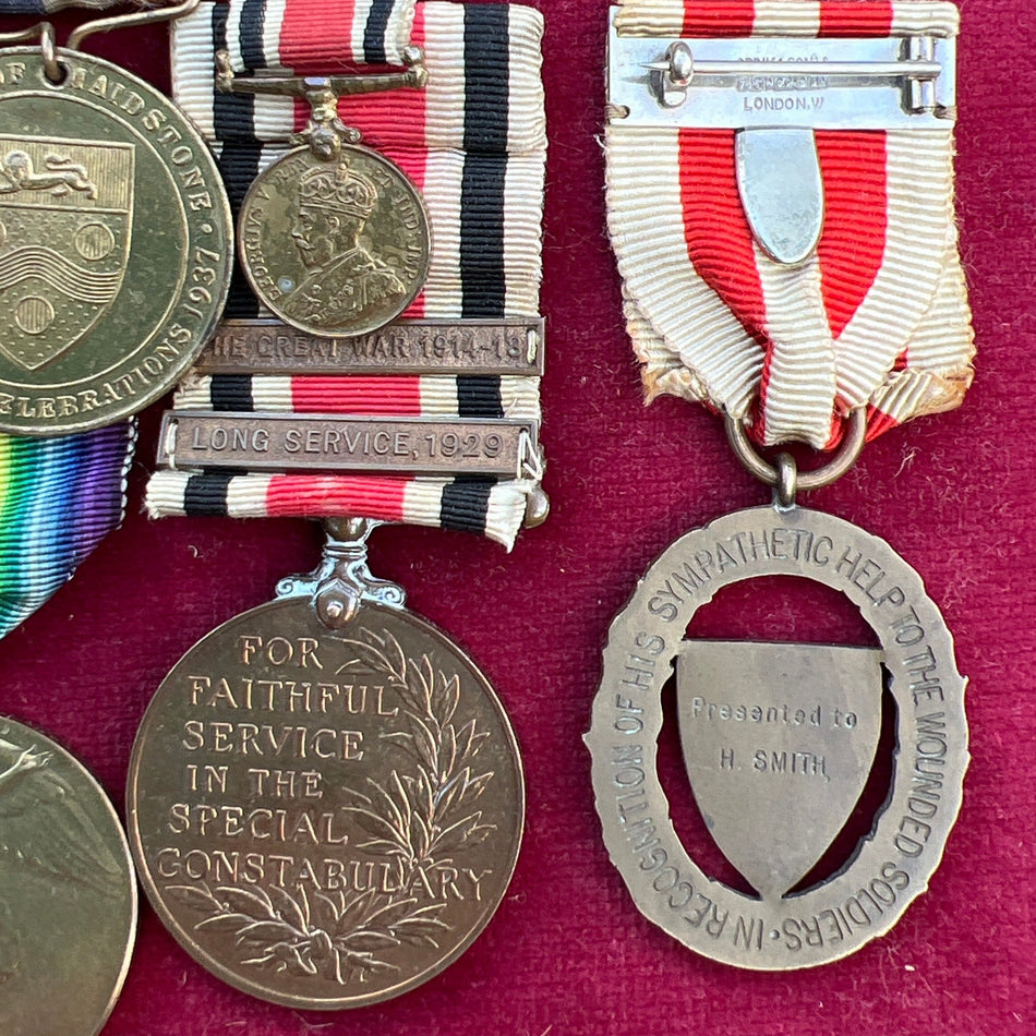 Group of 4 to 254001 Gunner Hugh Smith, Royal Artillery, served at the Yarrow Hospital, Kent, medal named to H. Smith, in recognition of his sympathetic help to wounded soldiers, scarce medal