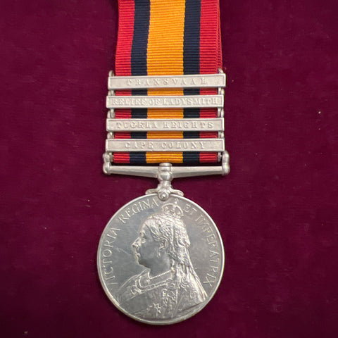 Queen's South Africa Medal, 4 bars: Transvaal, Relief of Ladysmith, Tugela Heights & Cape Colony, to Private J. Bain, Royal Scot's Fusiliers