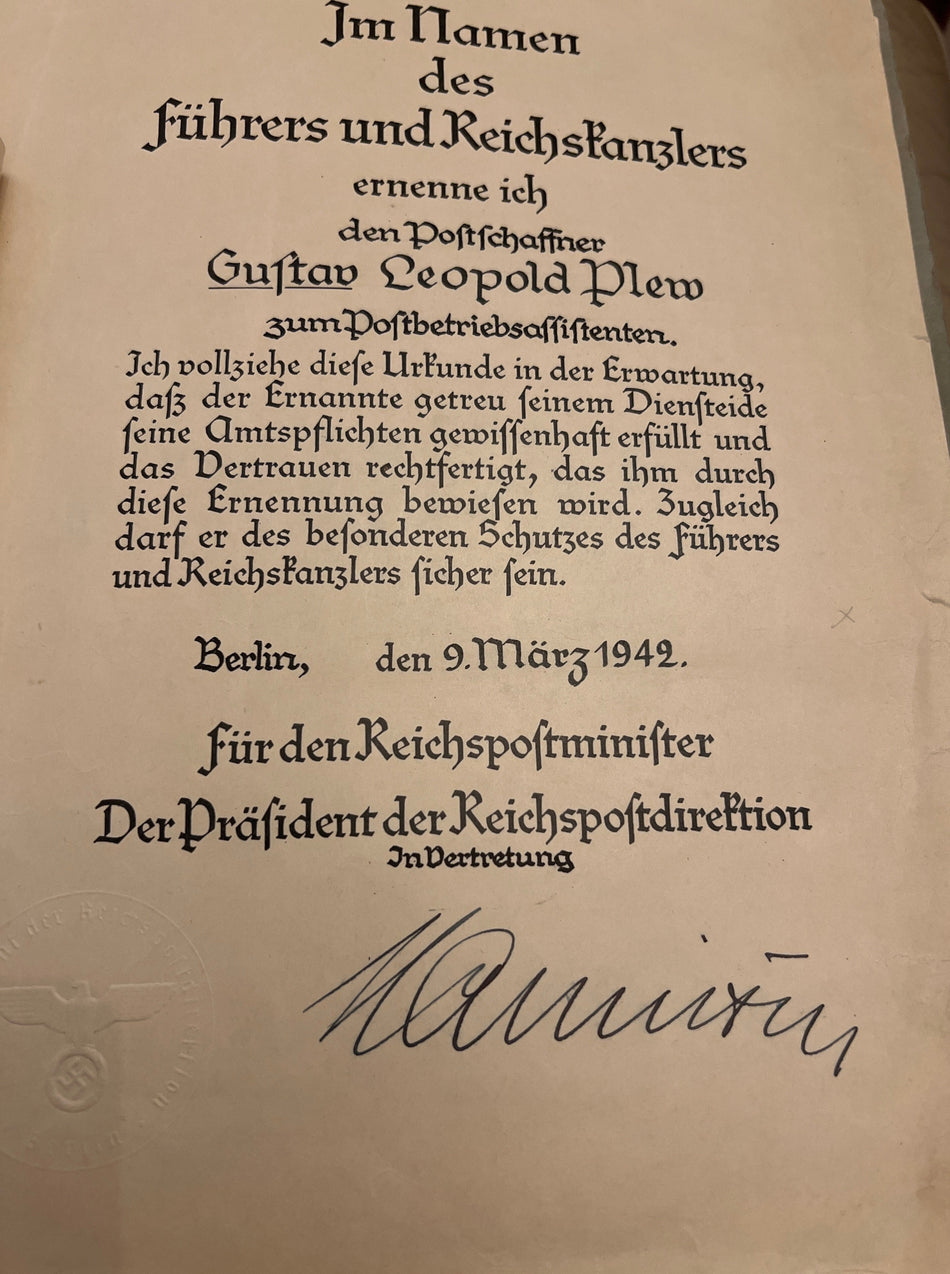 Nazi Germany, 25 Years Faithful Service Cross in box with papers, to Gustav Plew, served in the postal service 1922-71, love 50 years, first served in Danzig, then Berlin, awarded the 25 Years Service Cross 30th March 1940, a scarce & interesting lot