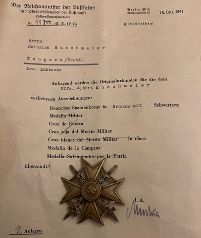 Nazi Germany, Spanish Cross with swords in bronze, with award document to Officer Albert Ruschmeier, dated 16th October 1941, scarce