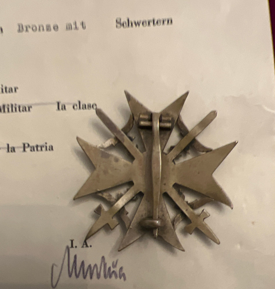 Nazi Germany, Spanish Cross with swords in bronze, with award document to Officer Albert Ruschmeier, dated 16th October 1941, scarce