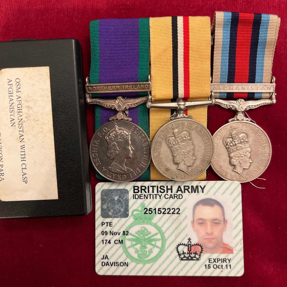 Group of 3 to 25152222 Private J. A. Davison, Para Regiment, on all three medals, plus ID card. General Service Medal, Northern Ireland bar, Iraq Medal & Operational Service Medal for Afghanistan