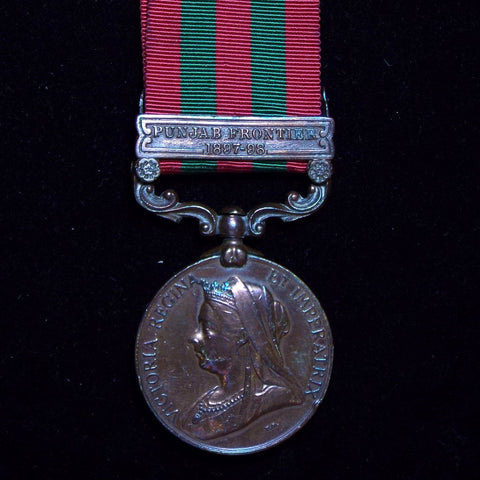 India Medal 1895-1902, 1 clasp: Punjab Frontier 1897-98, bronze. Awarded to Berera Nadair Ali, 33rd Punjabies - BuyMilitaryMedals.com - 1