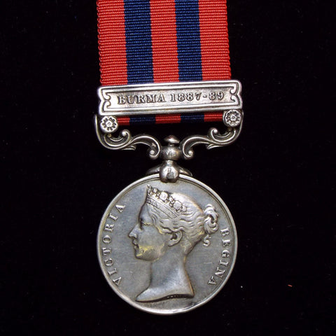 India General Service Medal 1854-95, 1 clasp: Burma 1887-89. Awarded to Pte. H. Foster, 1st Bn., Hamps Regt. - BuyMilitaryMedals.com - 1