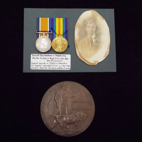 WW1 pair & Memorial Plaque to 35245 Pte. Wallace S. Sheldrake, 1/5th Bn., Yorkshire Regt. (T.F.), 150th Bde.: 50th Division (T.F.)