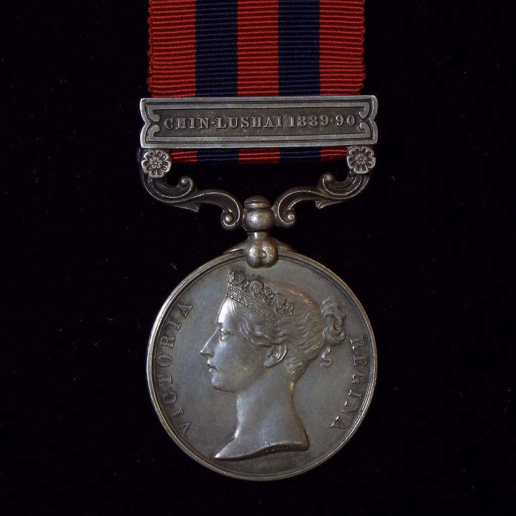 India General Service Medal 1854-95, 1 clasp: Chin-Lushai 1889-90. Awarded to Pte. Pandnac Kustnac, 28 Bo. Infy. - BuyMilitaryMedals.com - 1