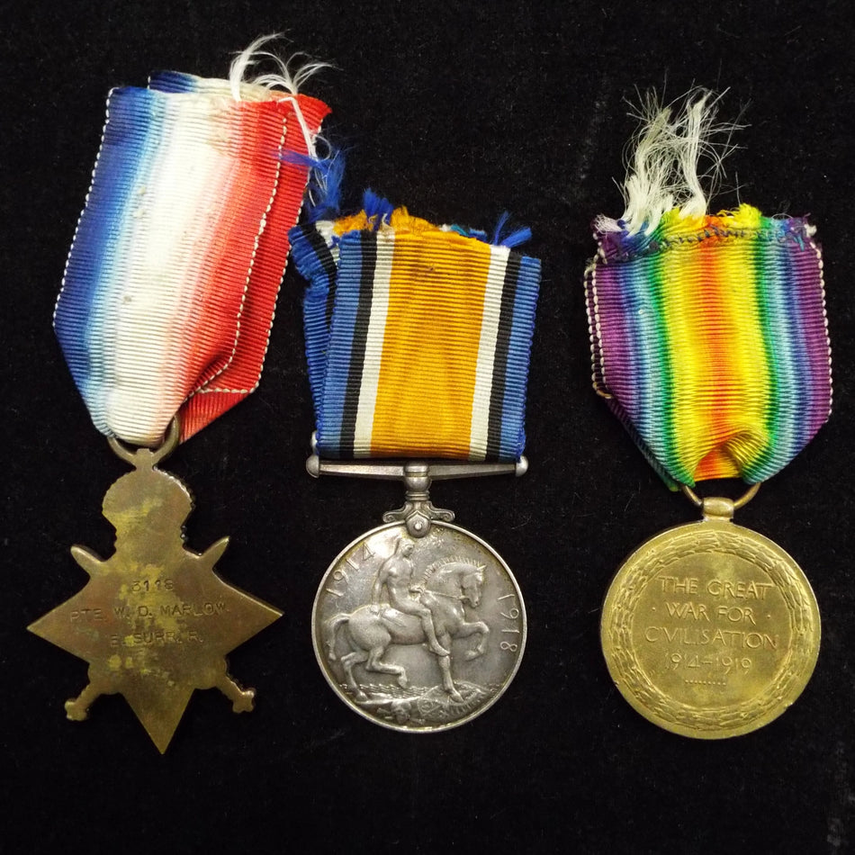 1914-15 Star trio to Pte. William D. Marlon, 2/East Surrey Regt. & M.G.C. Regular Army