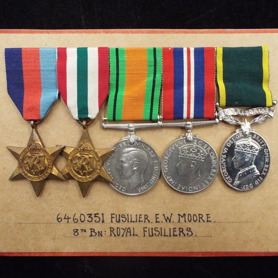 Group of 5 to 6460351 Fusiler E. W. Moore, 8th & 9th Battalions, Royal Fusiliers (T.A.)