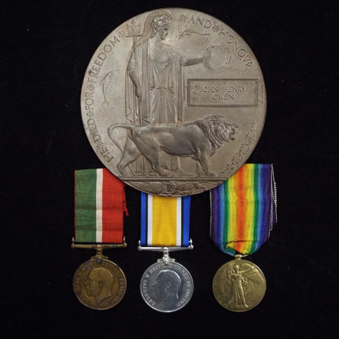 Two brothers- WW1 pair & Memorial Plaque to Pte. John Henry Owen, 1st S.A.I. & Mercantil Marine Medal to Douglas M. Owen, Merchant Navy (Cook)