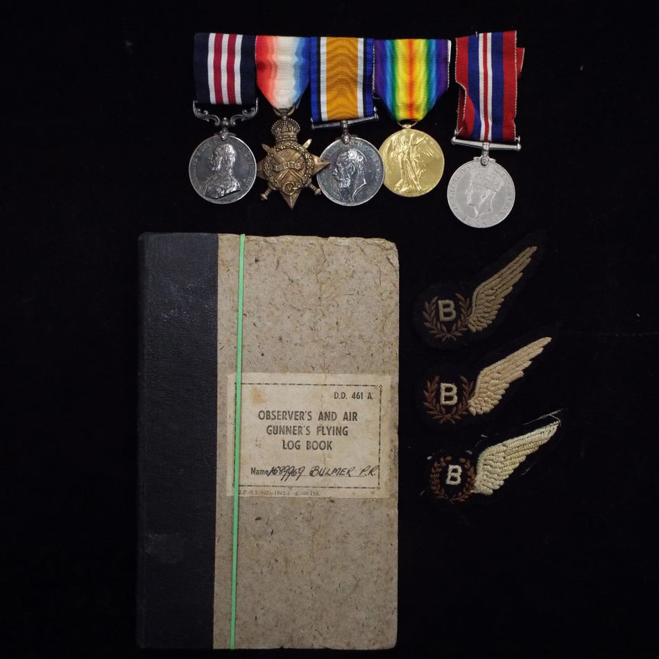 Military Medal group of 4 to 62234 Cpl. Percy C. L. H. Bulmer, 18- Divisional Signal Coy., R.E. Includes Flying Log Book as a Bomb-Aimer (1944-45)/ 'B' Brevet (no ops) & son's 1939-45 War Medal