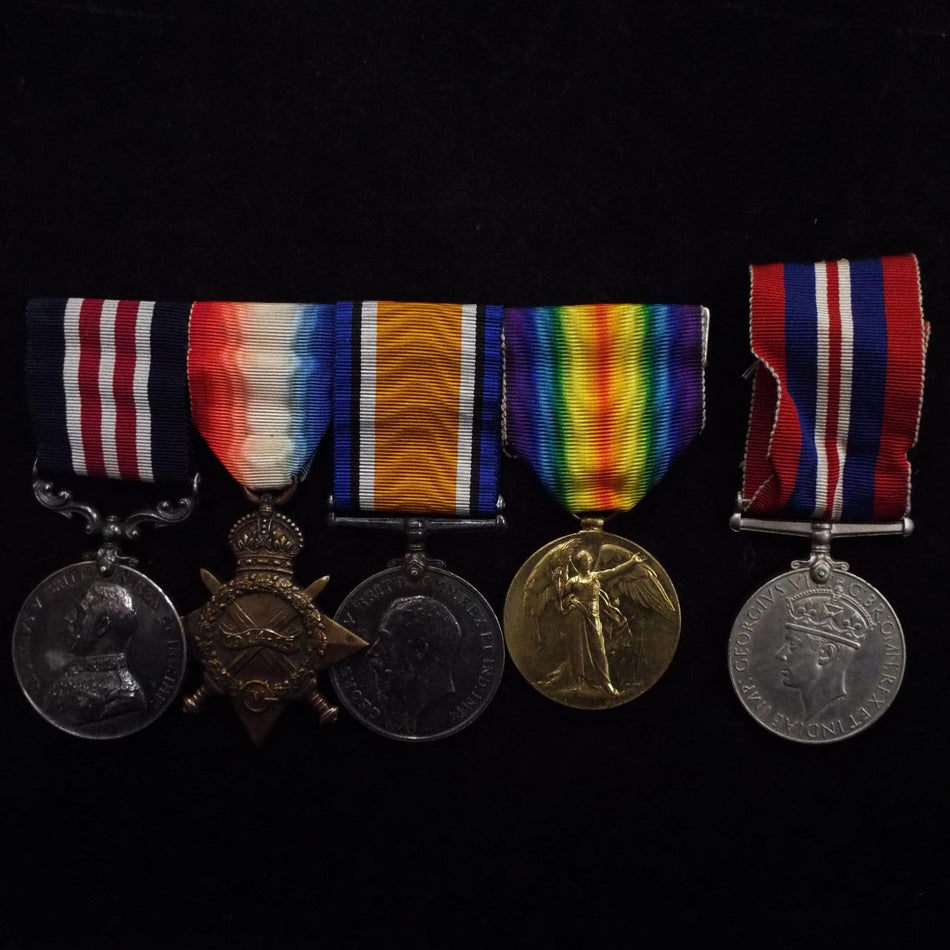 Military Medal group of 4 to 62234 Cpl. Percy C. L. H. Bulmer, 18- Divisional Signal Coy., R.E. Includes Flying Log Book as a Bomb-Aimer (1944-45)/ 'B' Brevet (no ops) & son's 1939-45 War Medal