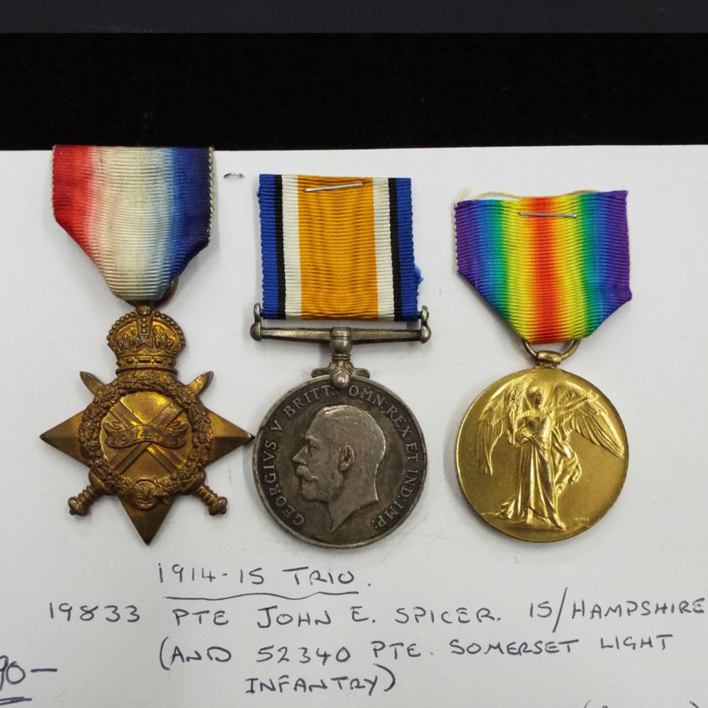 WW1 trio to 19833 Pte. John E. Spicer, 15/ Hampshires (and 52340 Pte. Somerset Light Infantry). Served Gallipolli 22.09.1915