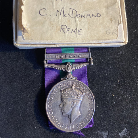 General Service Medal (Malaysia bar) to 22376299 C. Mc.Donald, R.E.M.E., with box