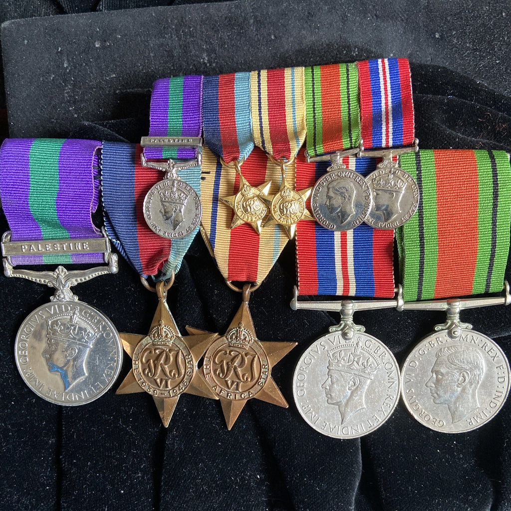WW2 group of 5 to Pte. H. Styles, 2nd Bn., West Yorkshire Fusiliers. Pre-war Palestine GSM, 1939-45 Star, Africa Star, War Medal & Defence Medal, with miniatures
