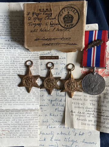 The incredible group of medals plus MiD, to Lt. Eric Aver Duncan, Royal Naval Volunteer Reserve, who was killed in the Victoria Cross action on the port of Oran, North Africa. His ship, HMS Walney, was sunk in forcing entry to the habour. See description