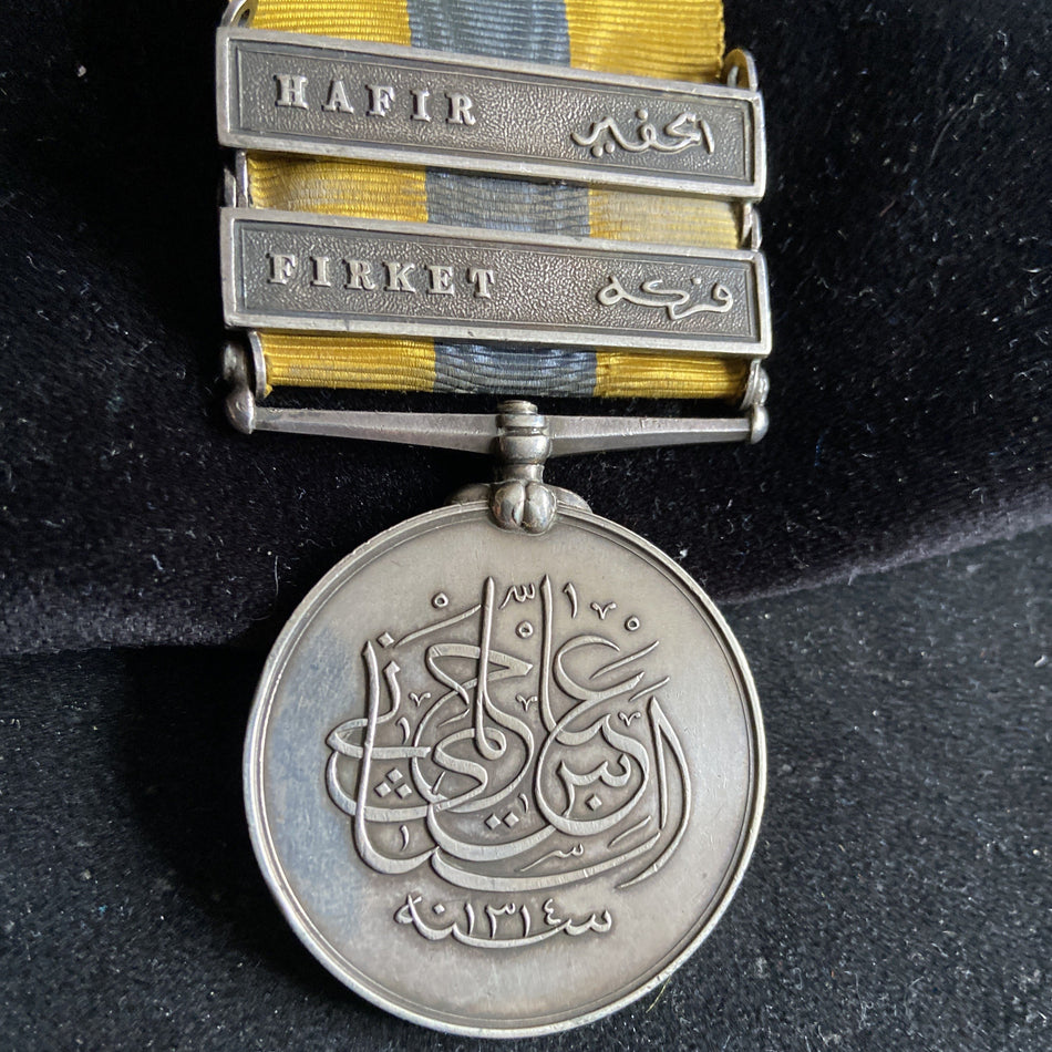 Khedive's Sudan Medal, 2 bars: Hafir (19-26 September 1896) & Firket (7 June 1896), to 273035 John Jackson, HMS Scout, Royal Navy. Scarce, only 149 medals to the ship